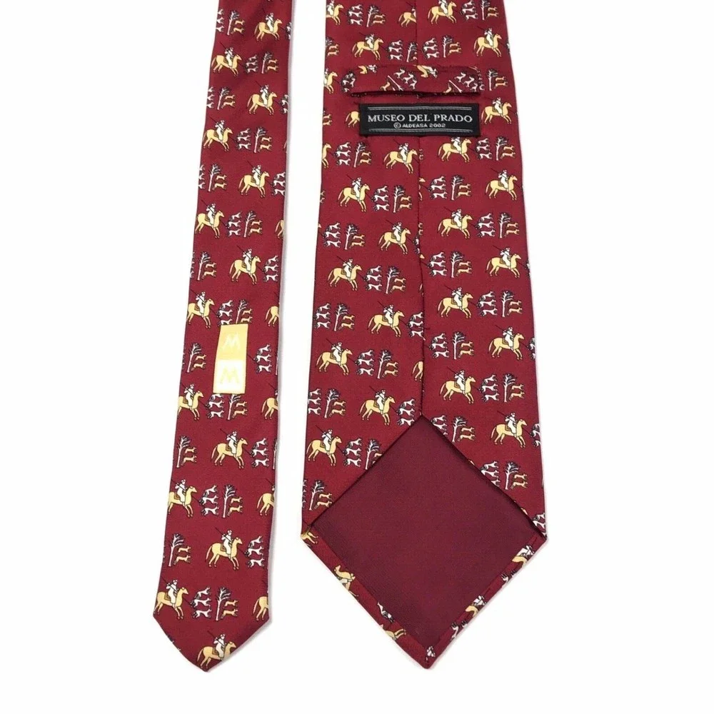 Museo Del Prado 2000 Silk Necktie Horse Hunter Hounds Bulls Equestrian Red Italy